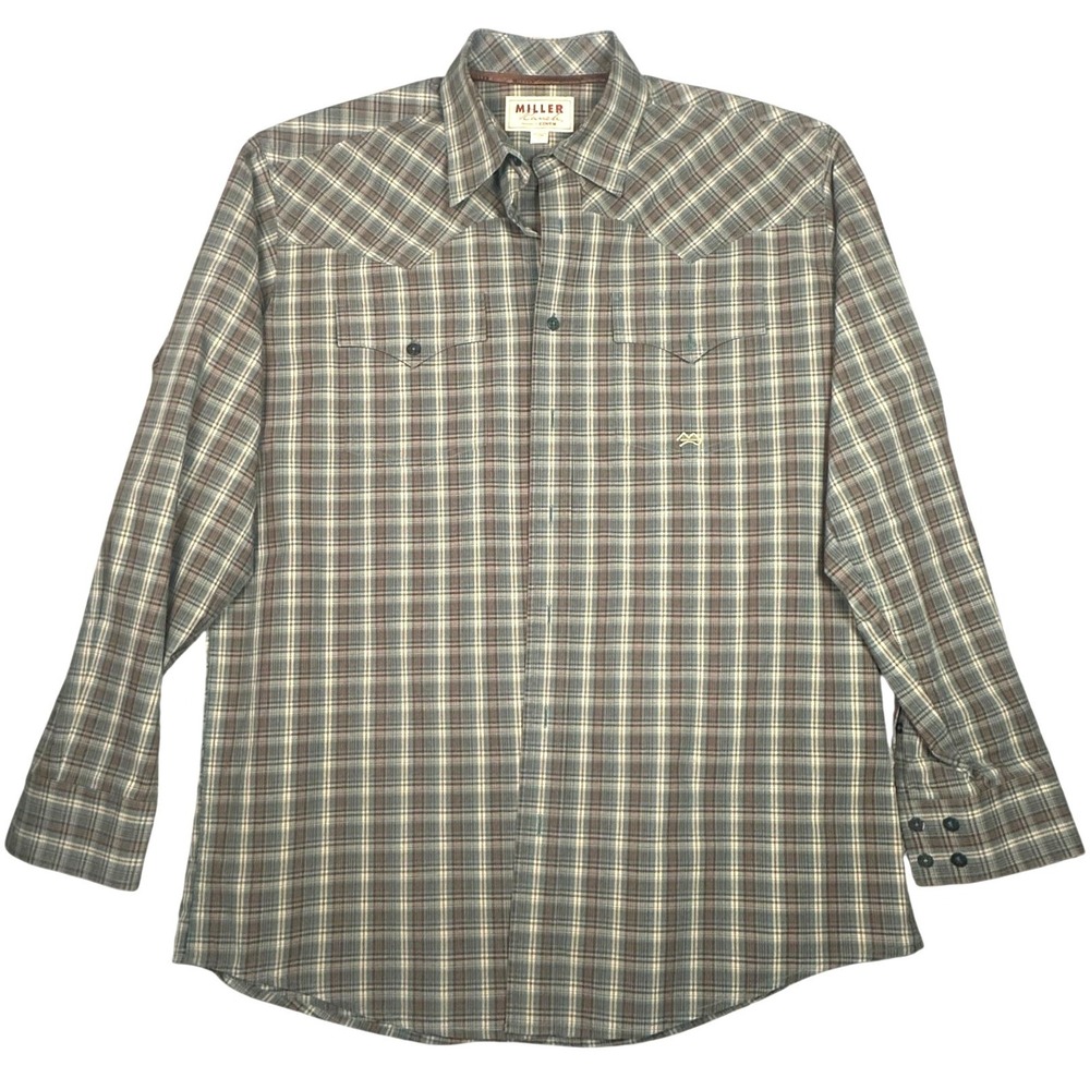 Miller Ranch Western Shirt Mens L Teal Brown Plaid Button Down Cowboy Ranchwear